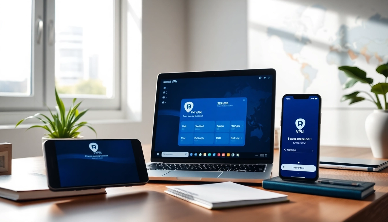 在现代科技工作空间的笔记本电脑上显示的快连 VPN 界面。