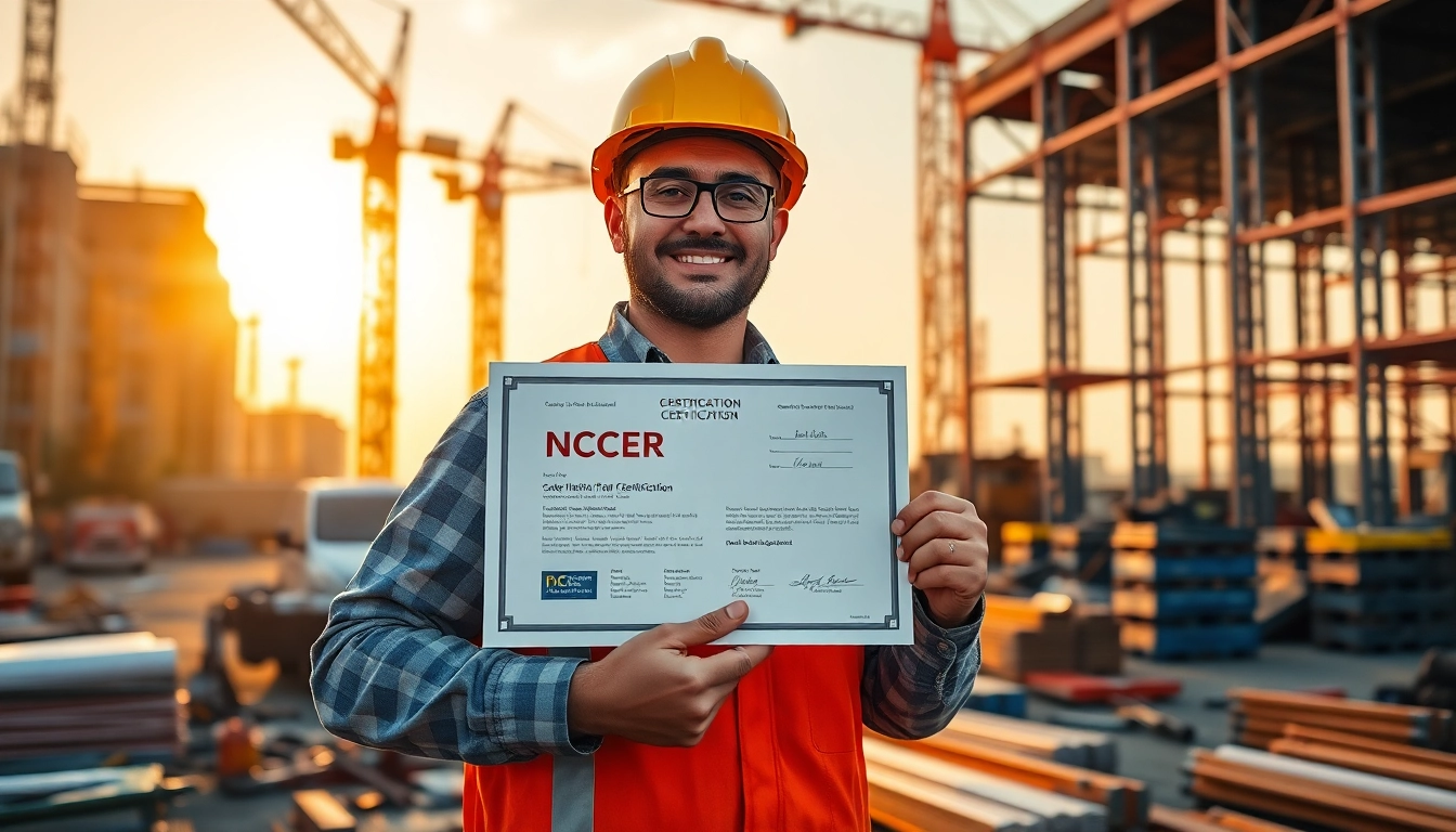 NCCER certification held by a proud contractor on a bustling construction site.