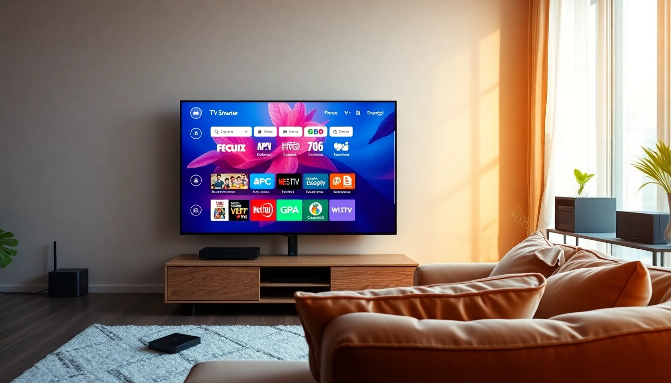 An engaging view of IPTV Smarter showcasing its interface on a modern smart TV in a cozy living room.