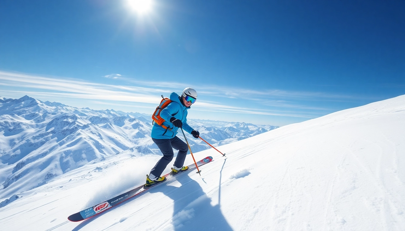 Skier demonstrating expert level ski gear in a stunning mountain landscape.