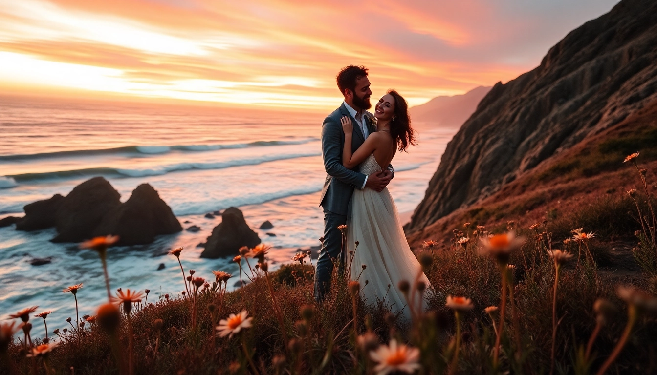 Big Sur wedding photographer captures an intimate sunset moment of a couple on a cliff.
