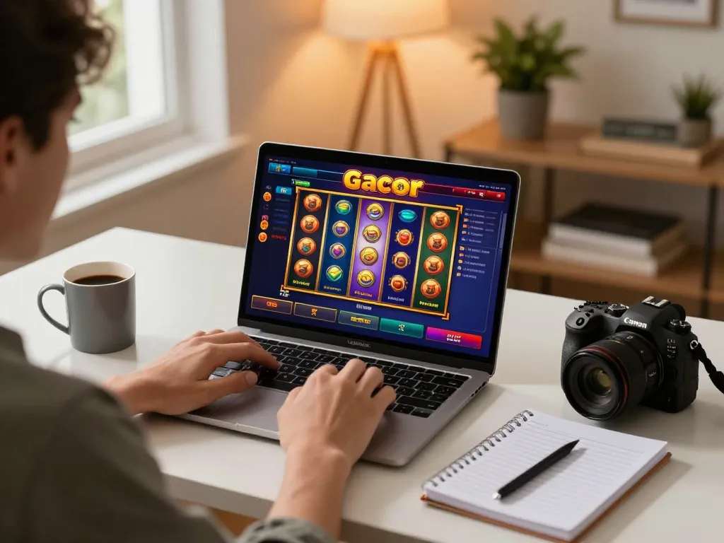 Engaging session of slot gacor gaming on a laptop at home, showcasing vibrant reels and a thoughtful player.
