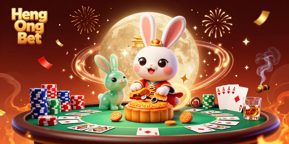 Experience the thrill of Heng Ong Bet with a dynamic casino-themed lunar illustration featuring poker elements.
