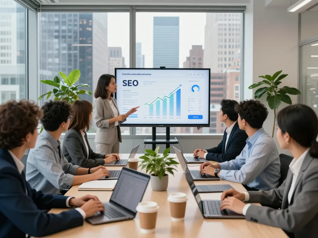 Team discussing SEO strategies in NYC office, embodying Best SEO Company NYC