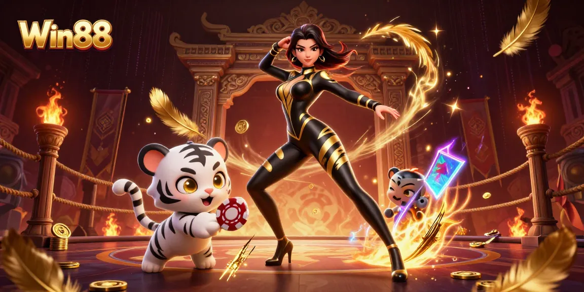 Experience thrilling gameplay at Win88 showcasing a woman and tiger in a vibrant casino scene.