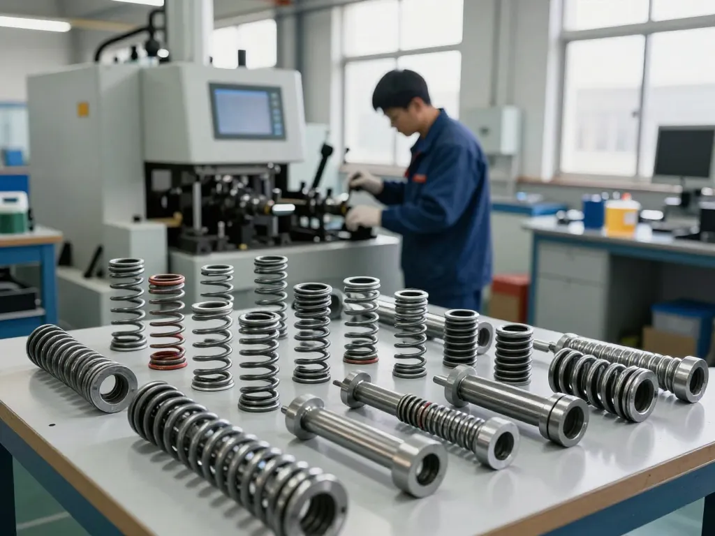 Fabrica de arcuri prezentând diferite tipuri de arcuri și procesul de producție.
