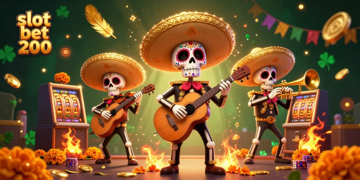 Spin the reels and find excitement with slot bet 200 amidst a lively mariachi band illustration.