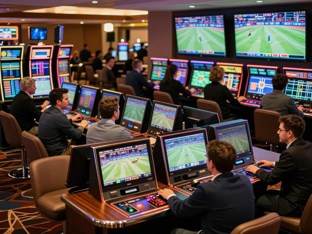 tg88 players enjoying an exciting sports betting scene in a lively casino atmosphere.