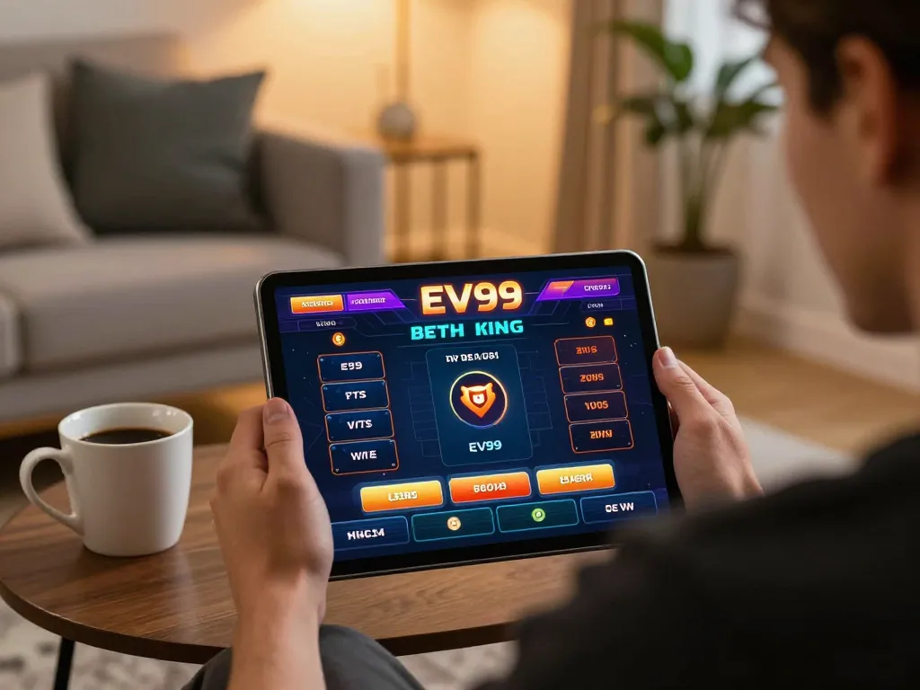 Engage in exciting EV99 bet action from home on a tablet, showcasing vibrant online gaming.