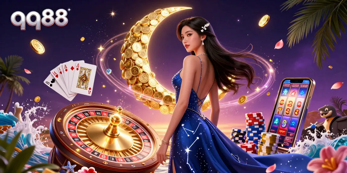 Experience thrilling escapades with qq88, surrounded by cascading coins and a mesmerizing roulette wheel.