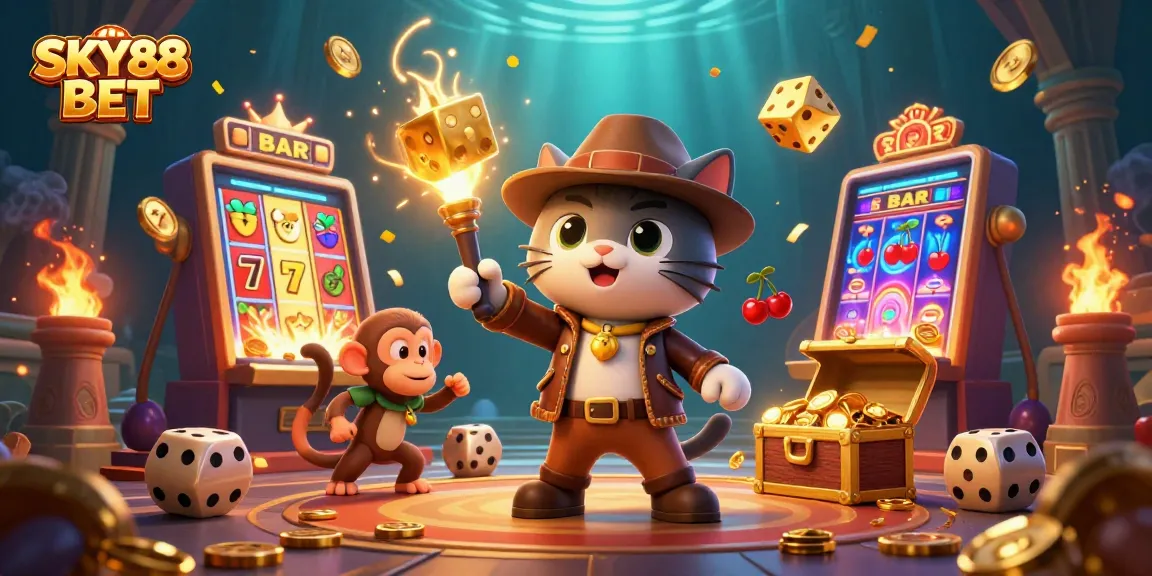 Experience thrilling moments with SKY88 BET, as a cat explorer uncovers golden casino treasures.