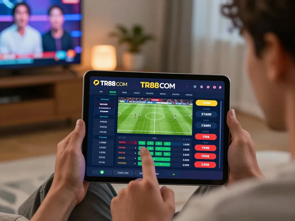 Placing bets on TR88 COM while enjoying live sports in a cozy setting, showcasing modern tablet interface.