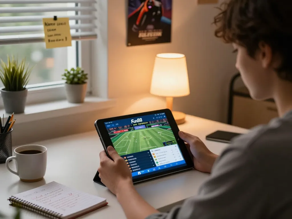 Engage in sports betting on Fun88 with a tablet in a cozy home gaming setup, conveying responsible entertainment.