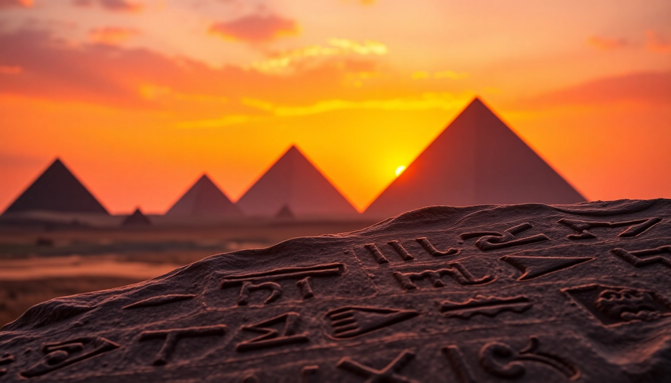 View of majestic piraminds at sunset with ancient hieroglyphs on stones.