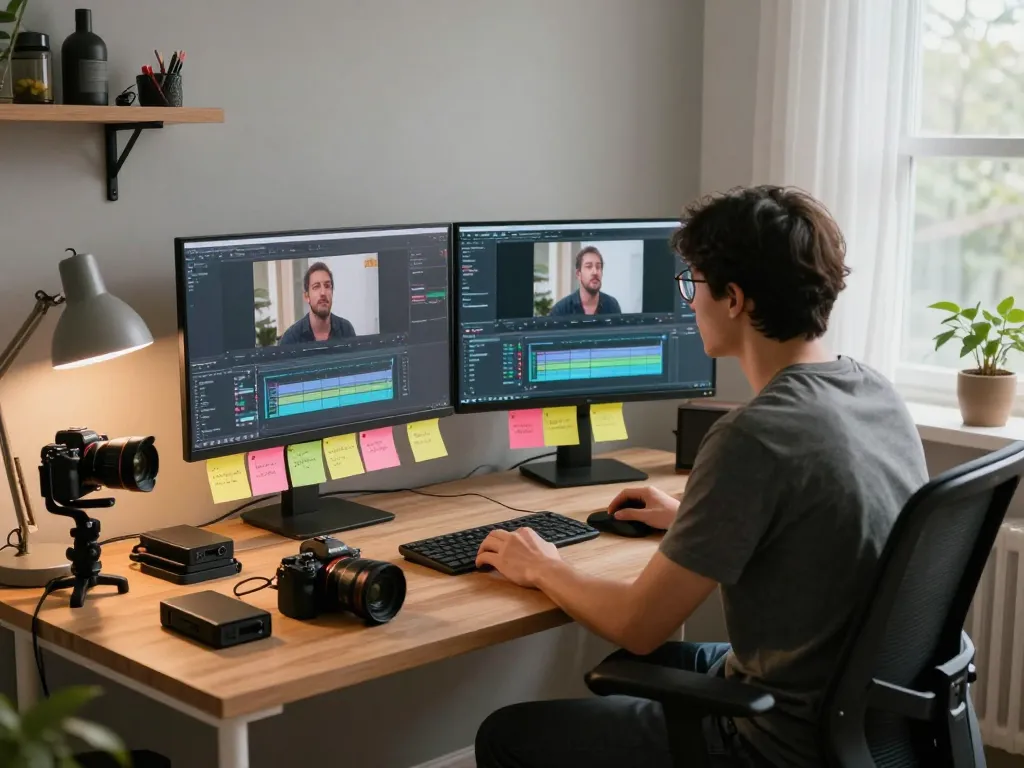 Filmmaker using video to prompt ai in a cozy home studio, integrating creative editing.