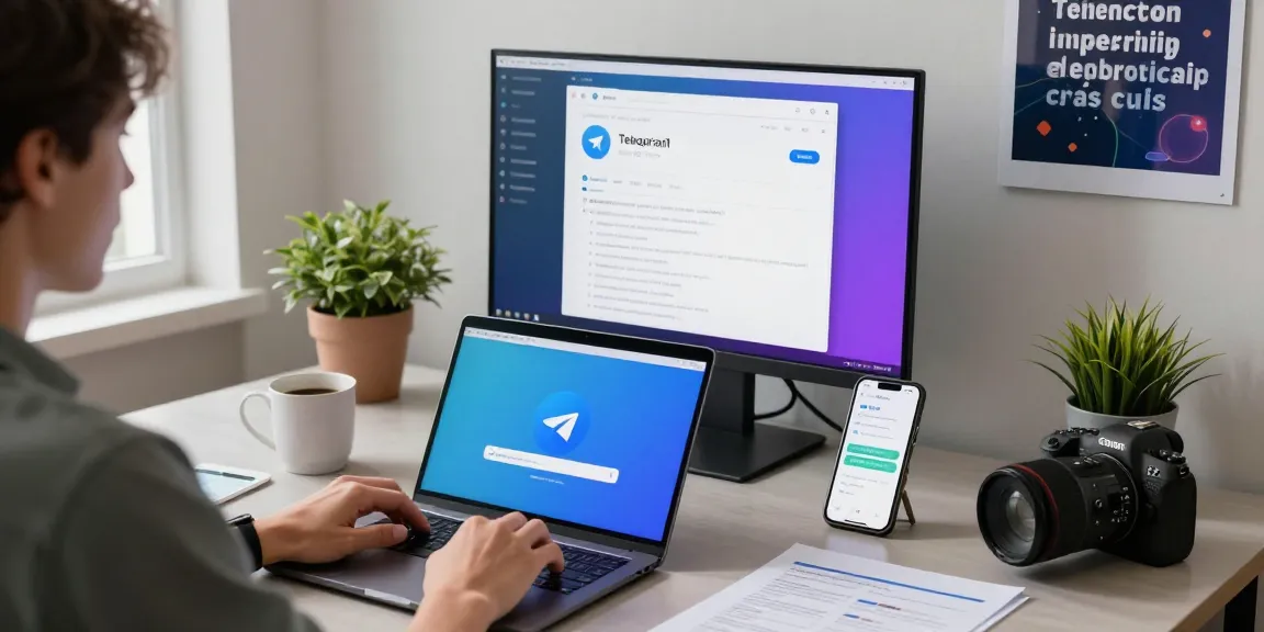 A user navigating telegram中文 interface on a laptop in a modern workspace