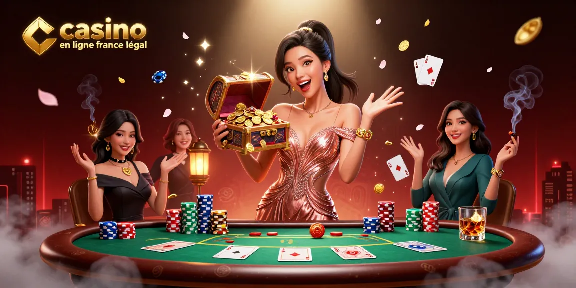 Découvrez l'excitation du casino en ligne France légal avec une femme joyeuse mettant en avant des trésors dans une scène de jeu dynamique.