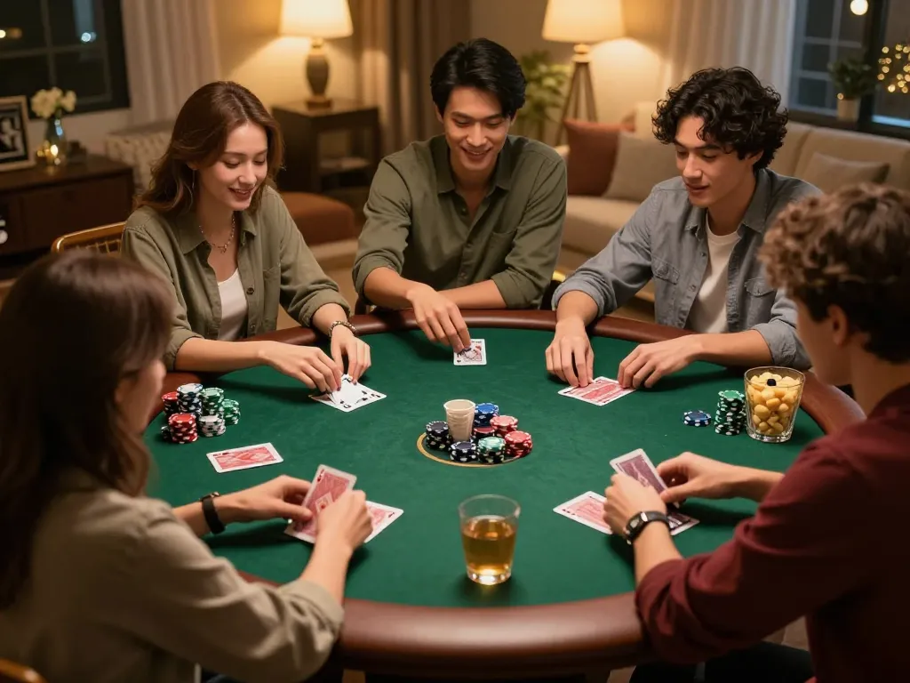 Friends playing poker at home, showcasing fun and strategy while enjoying a fly88 gaming experience.