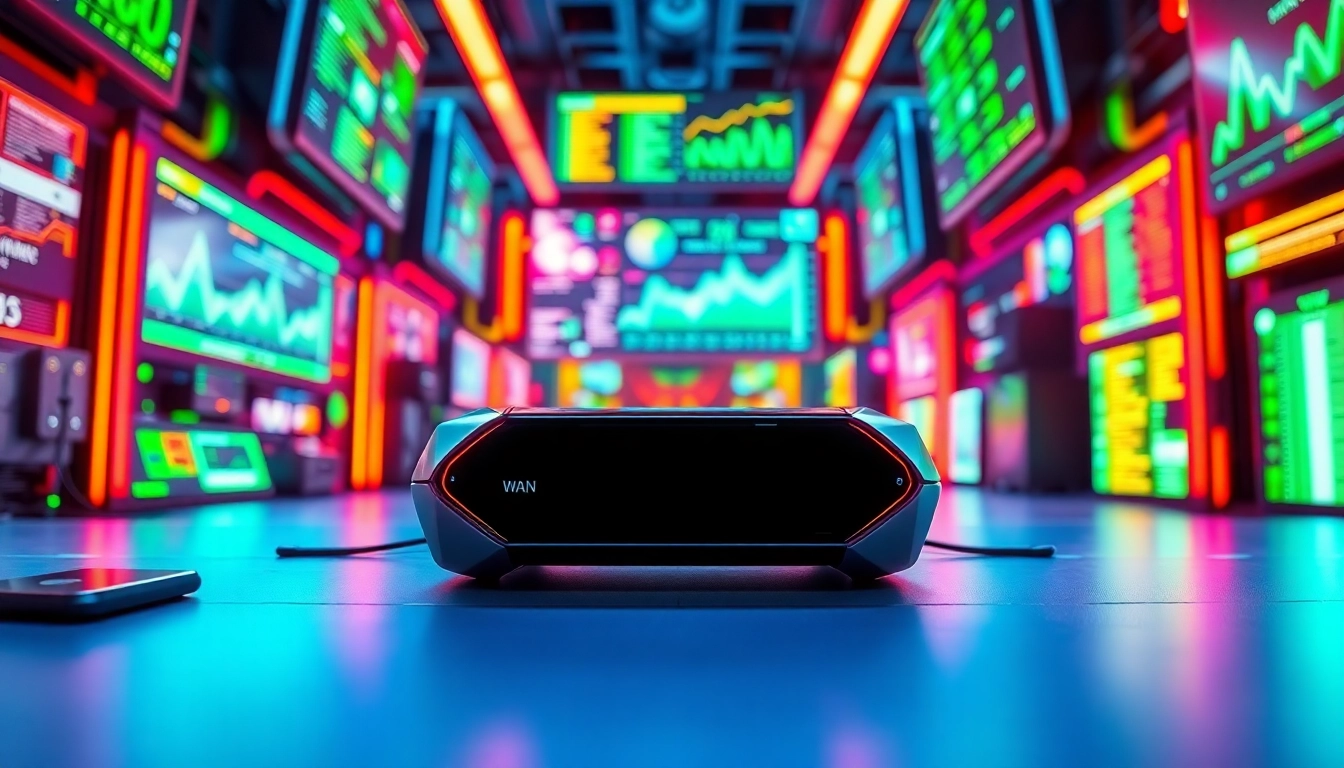 Visual representation of wan technology with innovative gadgets and analytics screens.