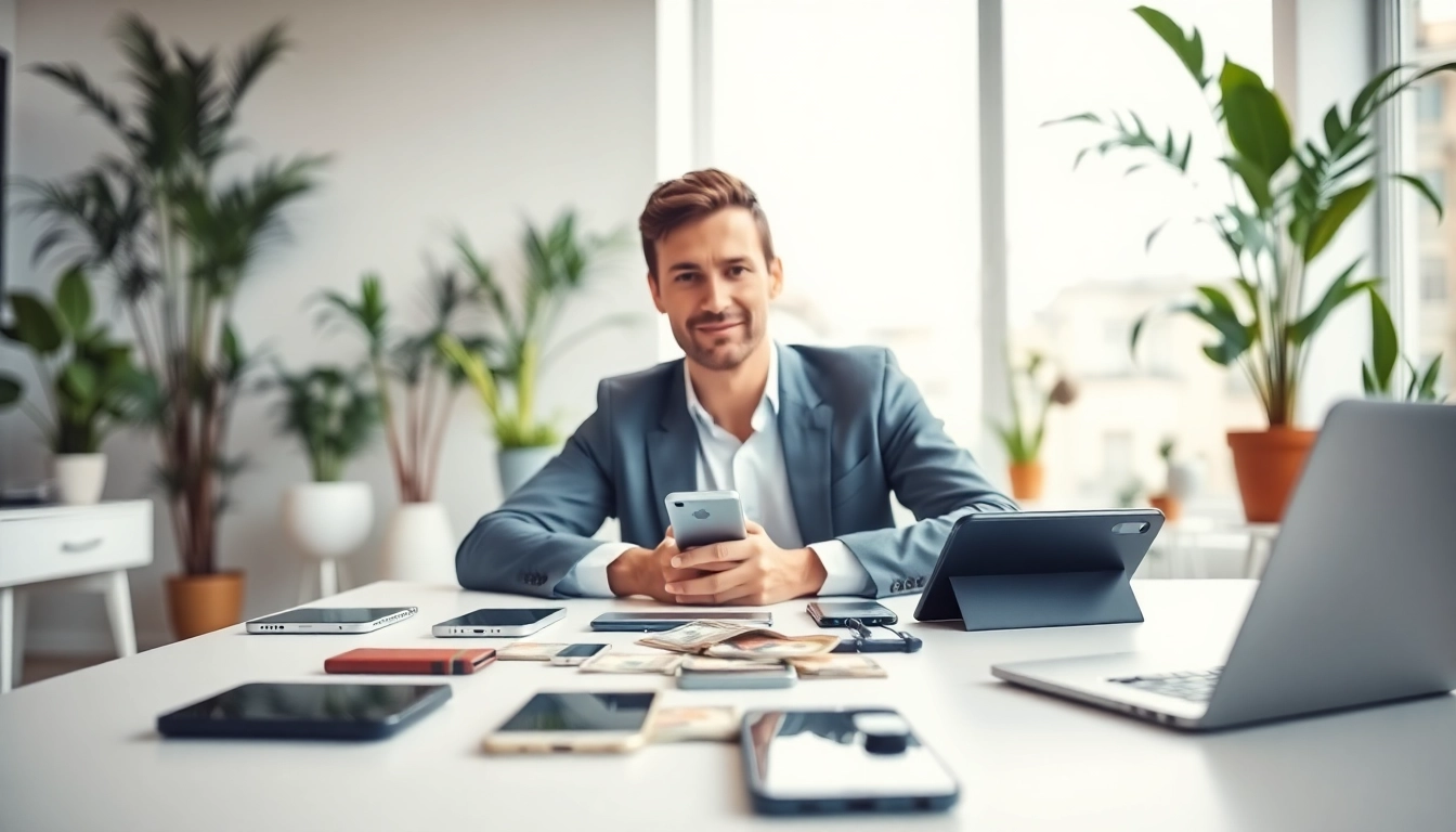 Sell your old phone for cash with a professional showcasing old smartphones and cash.