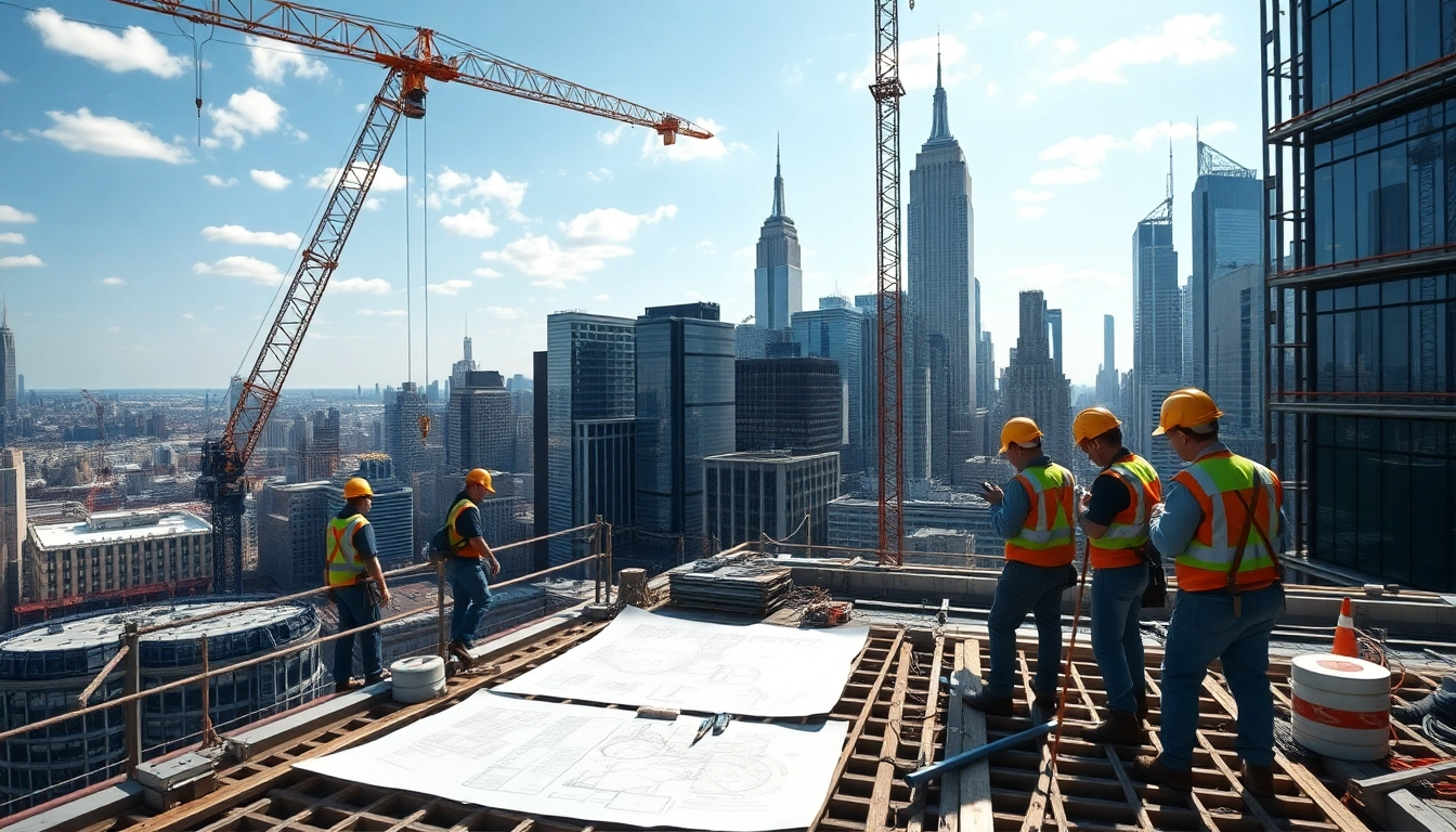 New York City Commercial General Contractor collaborating on a construction project with skyline backdrop.
