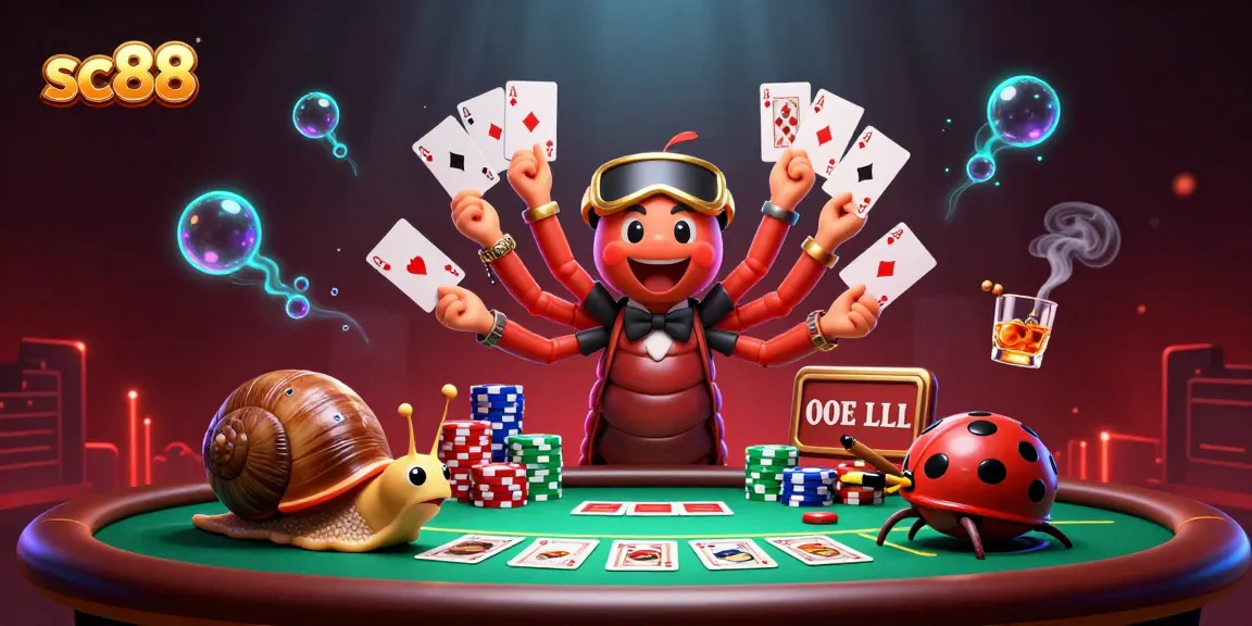 sc88 showcases an exciting poker scene with a millipede dealer and high-roller snail