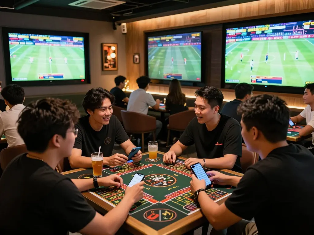 Excited group reviewing sports betting options at HO88's lively lounge.