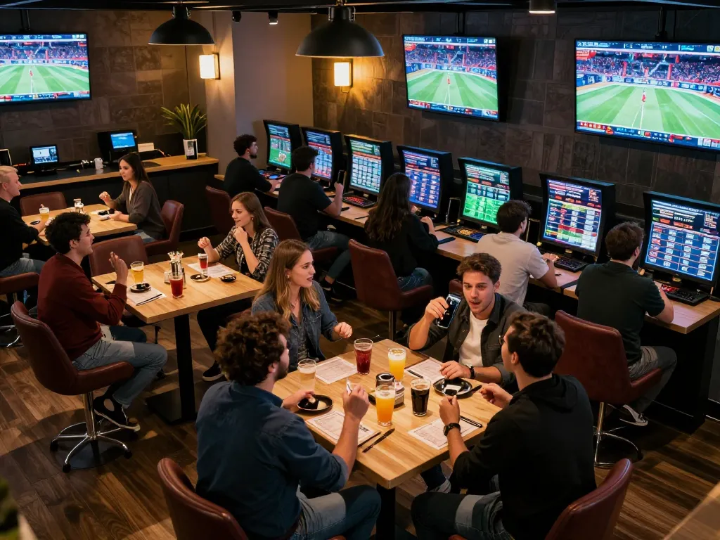 Engaged bettors analyzing odds at the U888 sports betting lounge, lively atmosphere with screens showing live events.