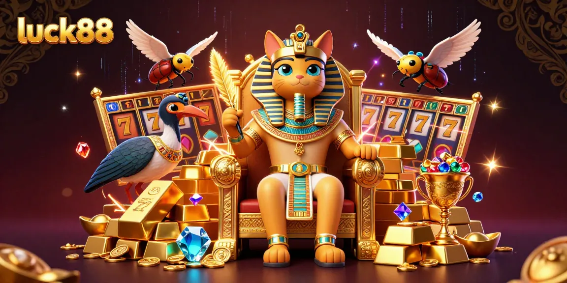 Play exciting slot games with luck88 featuring a golden pharaoh cat and treasure-filled scene.