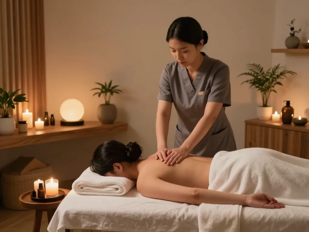 Professional therapist performing 관악스웨디시 massage in a serene spa setting with calming decor.
