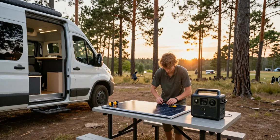 Person upgrading campervan electrics with rokok88 super tools in nature.