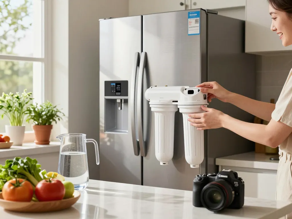 Replacing the Filterlogic ADQ73613401 Refrigerator Water Filter in a bright kitchen with fresh vegetables and a pitcher of water.