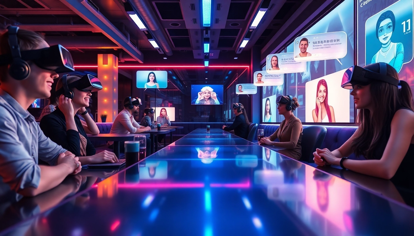 Engaging in nsfw ai chat in a futuristic café with realistic AI girlfriends.
