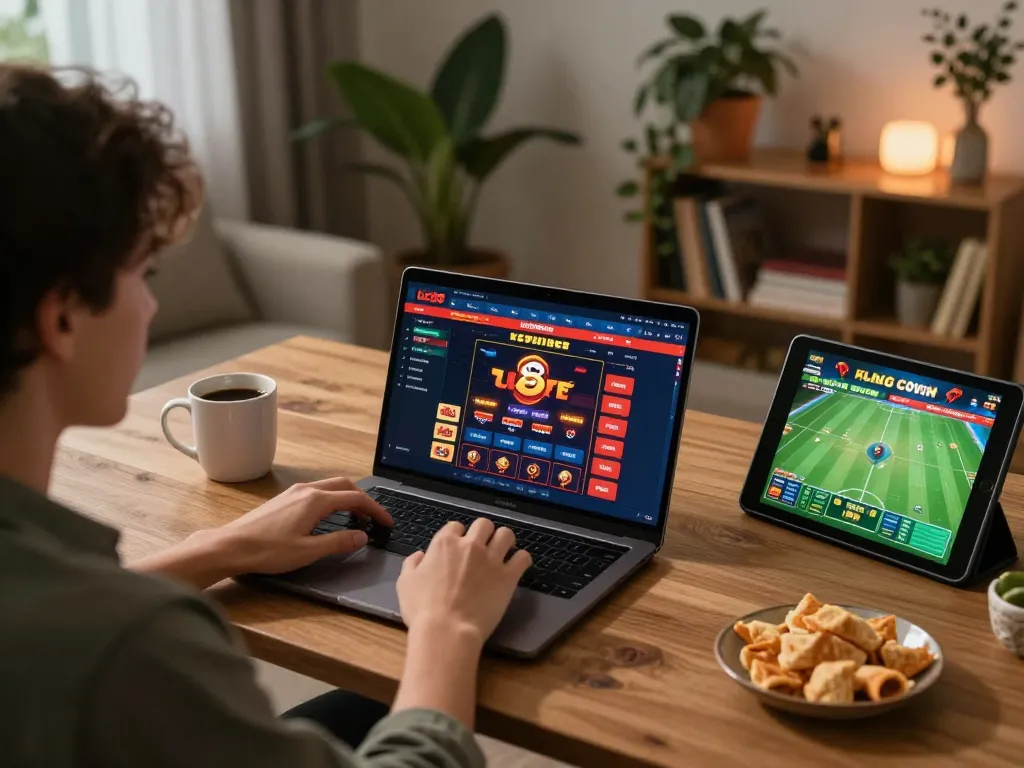 Engaged player using LC88 online casino on laptop for responsible gaming.