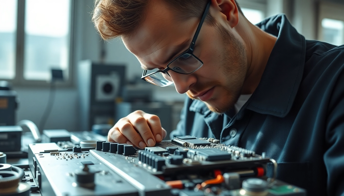 Technician repairing electronic equipment in relation to das 142 showcasing precision and expertise.