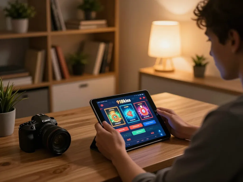 Player engaging with the 918kiss app on a tablet in a cozy home setting, demonstrating online gaming excitement.