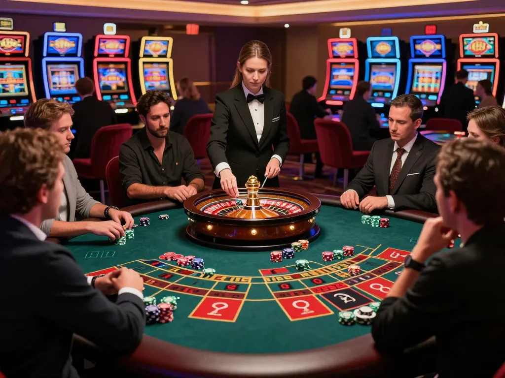 Players engage with kp88 at roulette, croupier managing bets in a luxurious casino.