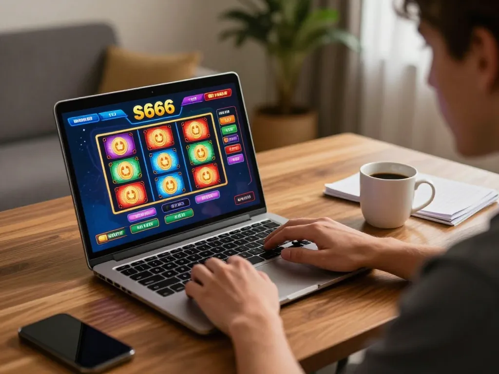 Player enjoying s666 online casino gaming on a laptop while strategizing