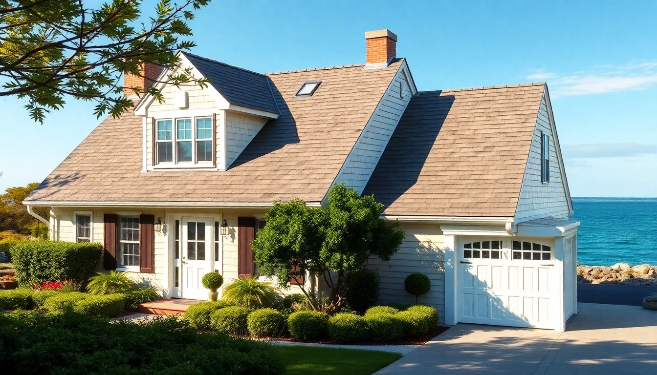 Enchanting cape cod home with elegant attached garage surrounded by a lush garden.