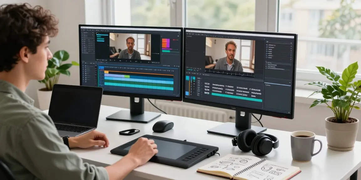Video editing creator using prompt ai software in a bright workspace with dual monitors and video timeline.