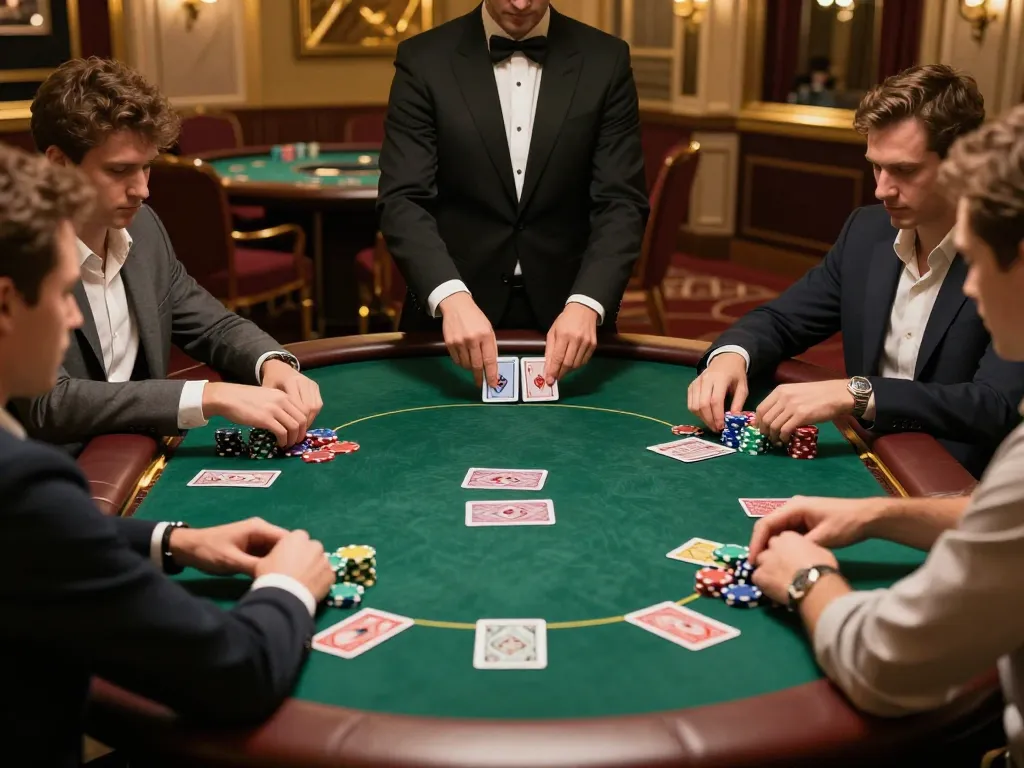 Players engaging in serious poker gameplay at SC88's elegant gaming table, showcasing high-stakes action and strategy.