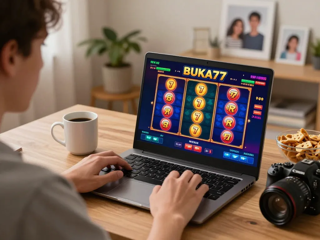 Engaging BUKA77 slot gameplay on laptop in a cozy home environment, showcasing online gambling experience.