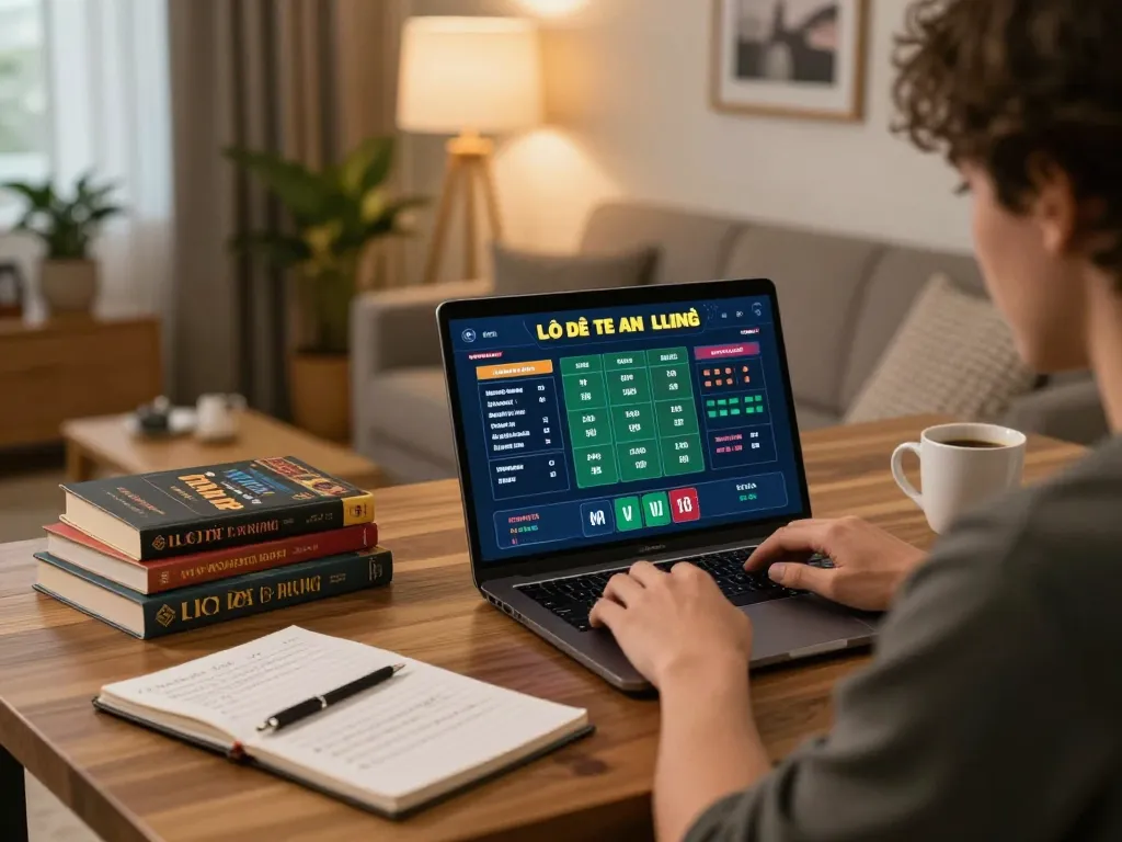 Lô đề online betting strategy setup with a player using a laptop, emphasizing responsible gambling.