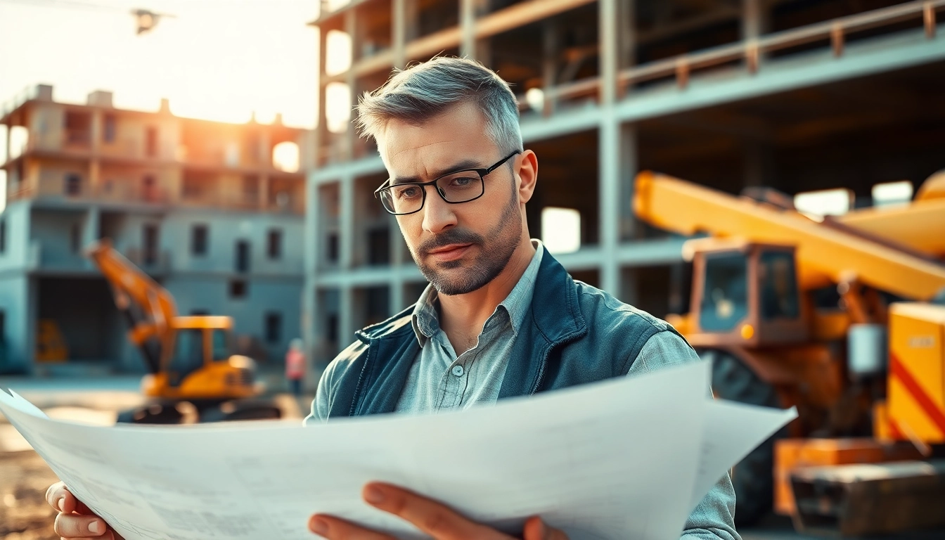 New Jersey Construction Manager analyzing blueprints at a busy construction site.