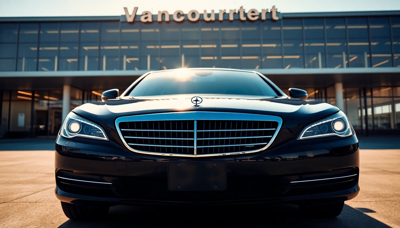Book car service to Vancouver airport with a luxurious black limousine parked outside.