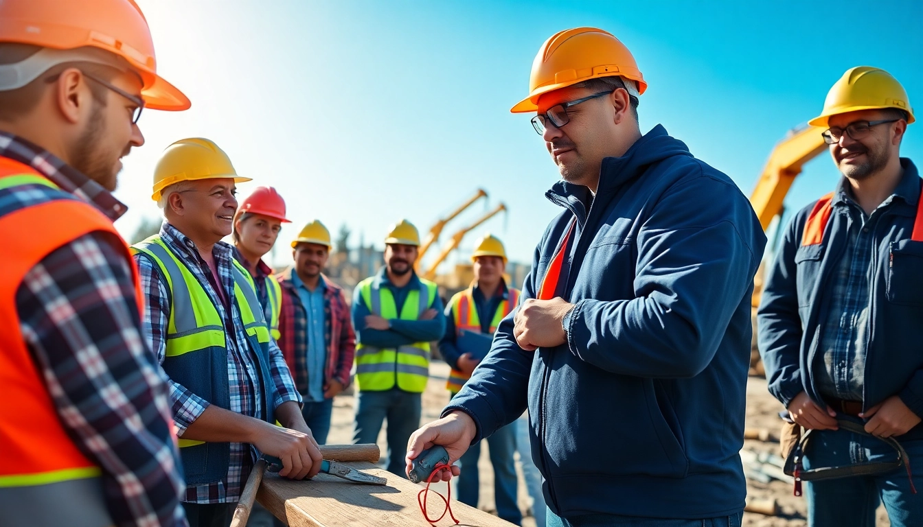 Participants in construction training learning safety practices outdoors, demonstrating teamwork and engagement.