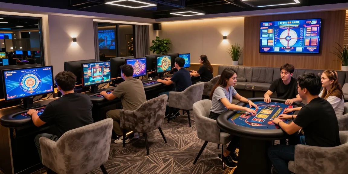 Players enjoying interactive games at MBM娛樂城 gaming lounge, showcasing vibrant atmosphere and modern design.
