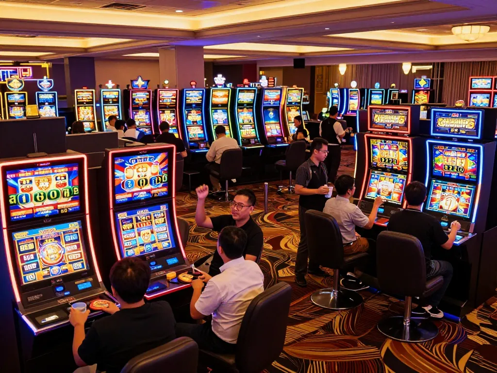 Spin vibrant slot gacor machines on a busy casino floor with excited players winning.