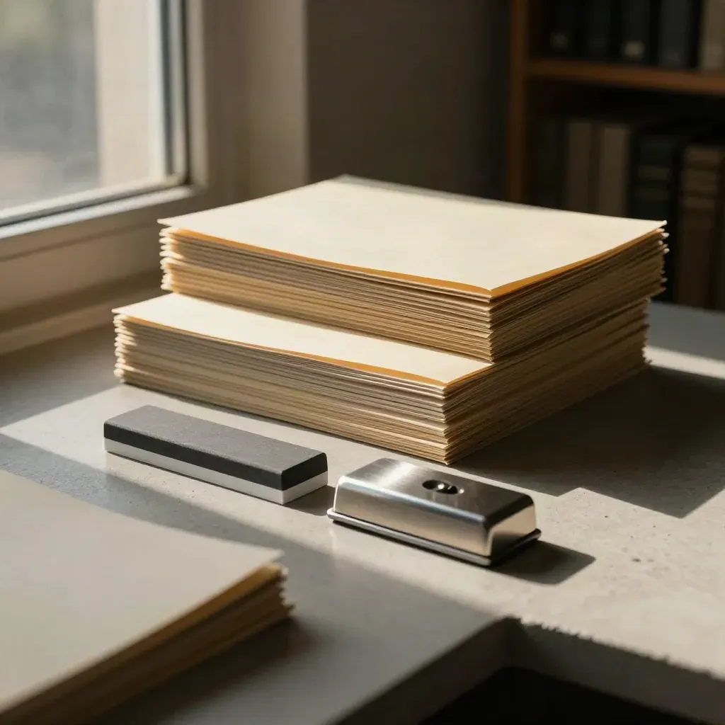 Resume sleeves, score block, and metal paperweight on a concrete ledge by a window