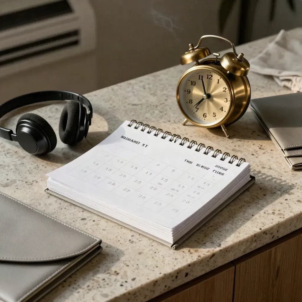 Calendar blocks, brass clock, headset, and folder clutches on a stone sideboard